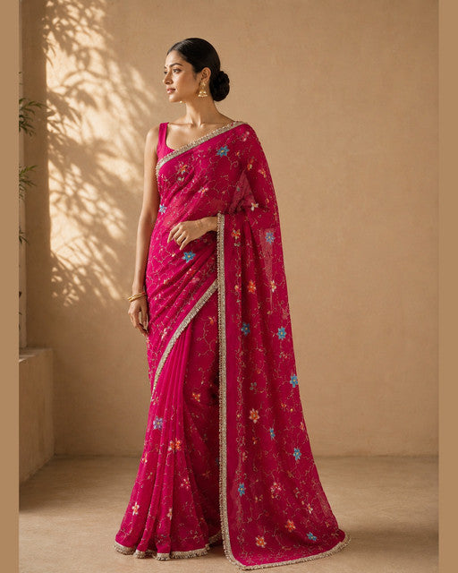 Hand-Painted Floral Georgette Saree | Gota Border