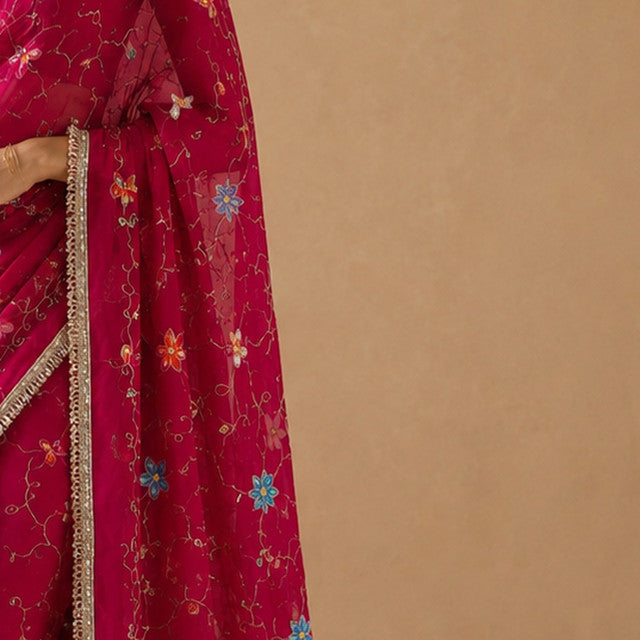 Hand-Painted Floral Georgette Saree | Gota Border detail