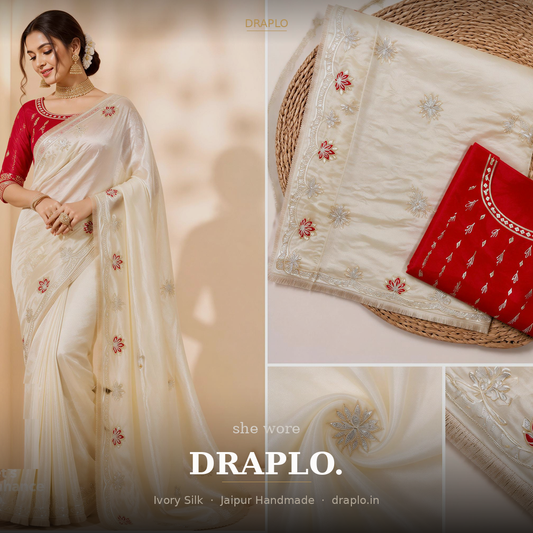 Red & Ivory Silk Saree | Jaipur Handmade |  Gota Patti Embroidery